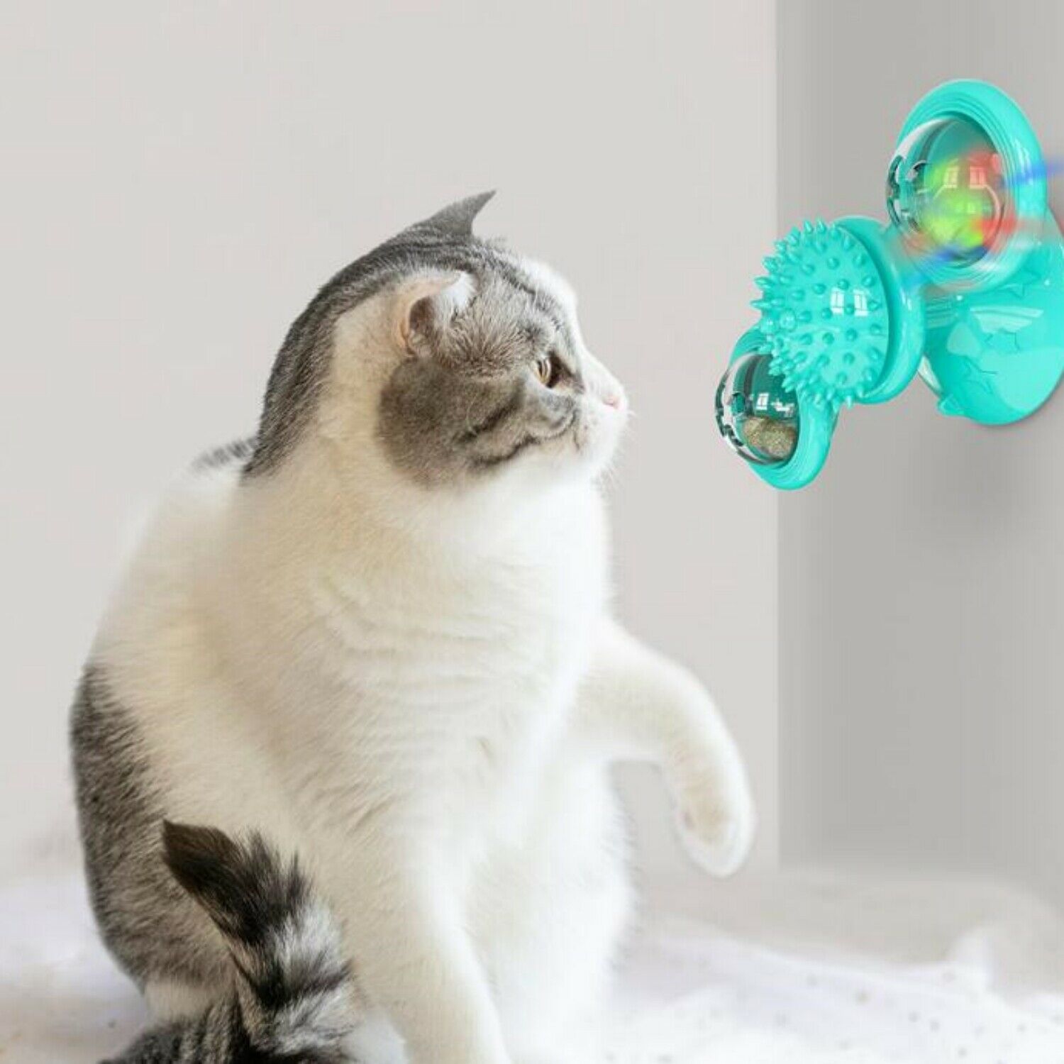 Windmill Cat Toys Cute Rotating Interactive Cat Toy - Indoor Windmill Cat Toy With Suction Cup Catnip & Jagged Teeth Middle Ball, Smart Kitten Rotatin