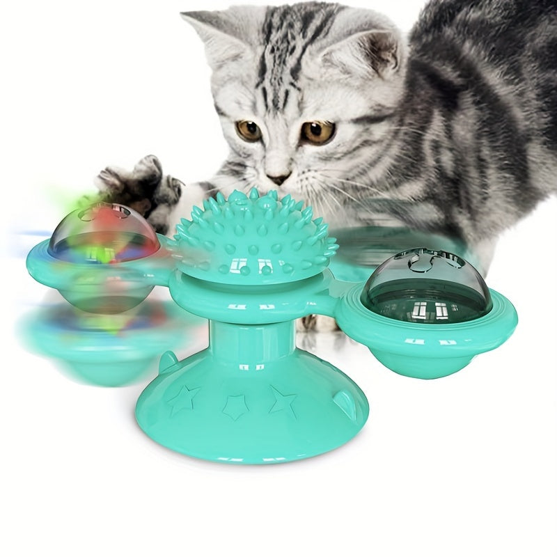 Windmill Cat Toys Cute Rotating Interactive Cat Toy - Indoor Windmill Cat Toy With Suction Cup Catnip & Jagged Teeth Middle Ball, Smart Kitten Rotatin