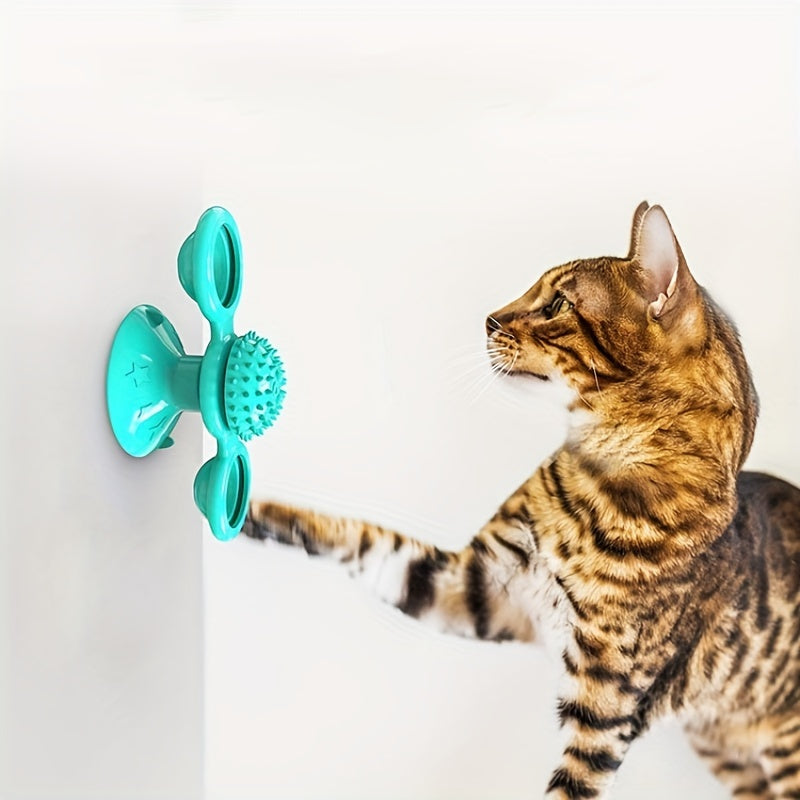 Windmill Cat Toys Cute Rotating Interactive Cat Toy - Indoor Windmill Cat Toy With Suction Cup Catnip & Jagged Teeth Middle Ball, Smart Kitten Rotatin