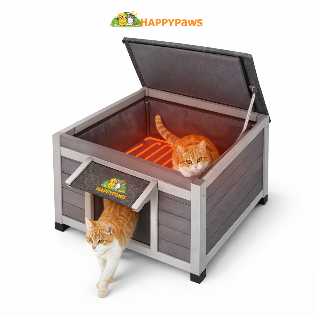 happypawssanctuary Outdoor Heated Wooden Cat House with Heating Pad Feral Cat Shelter for Winter