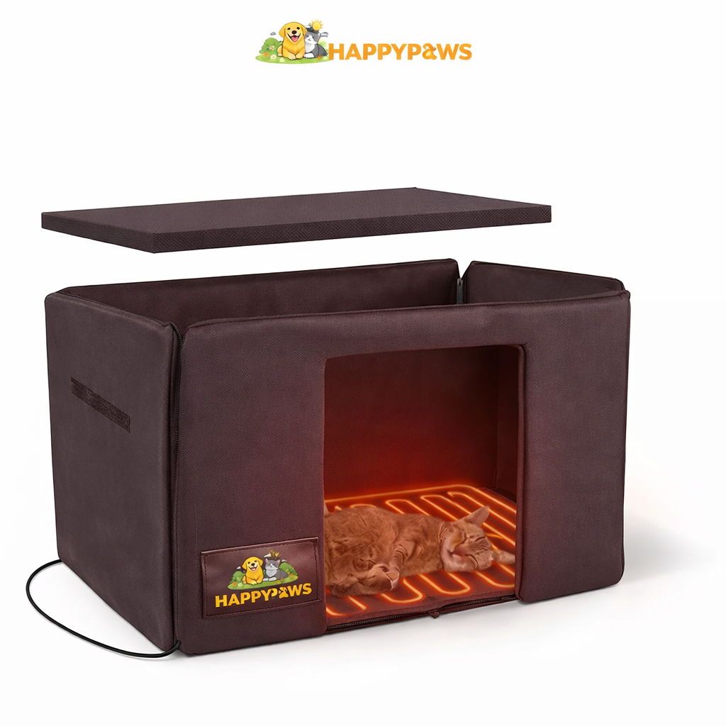 happypawssanctuary Outdoor Heated Wooden Cat House with Heating Pad Feral Cat Shelter for Winter